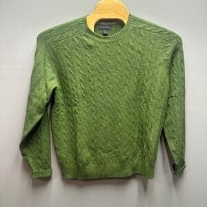 Lands End Cable Knit Sweater Mens Large Green Merino Wool Blend Crewneck